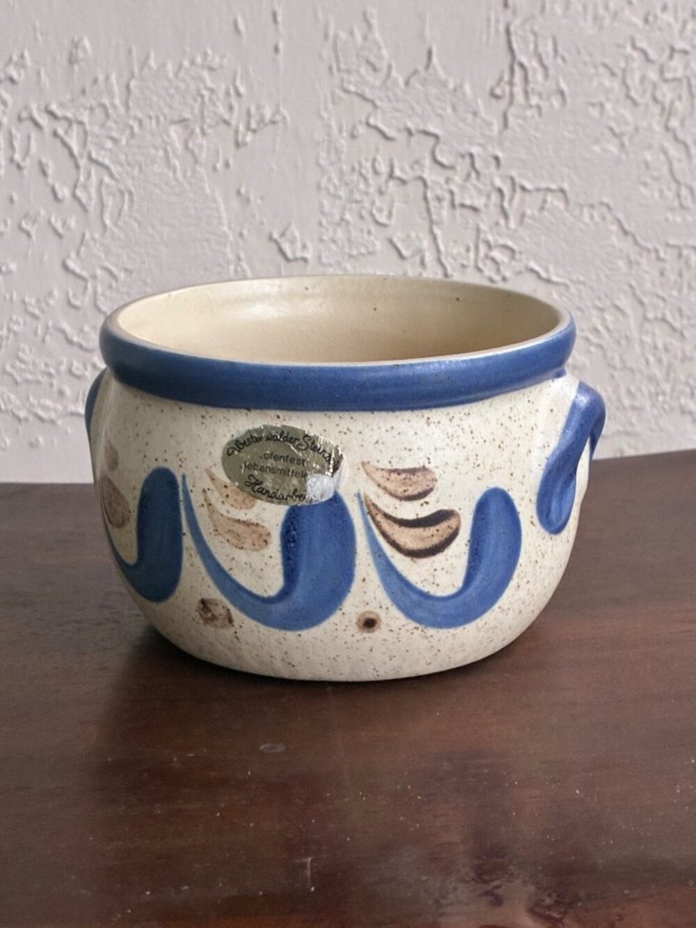 VINTAGE Handmade Pot German Westerwald Stoneware Bowl Cream Cobalt Blue Folk Art